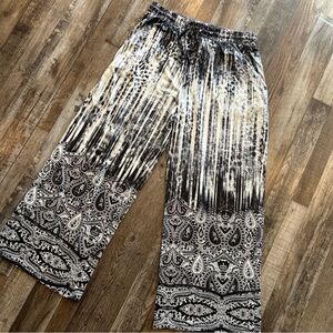 One World Women’s Black & White Boho Patterned Wide-Leg Pants Sz Large